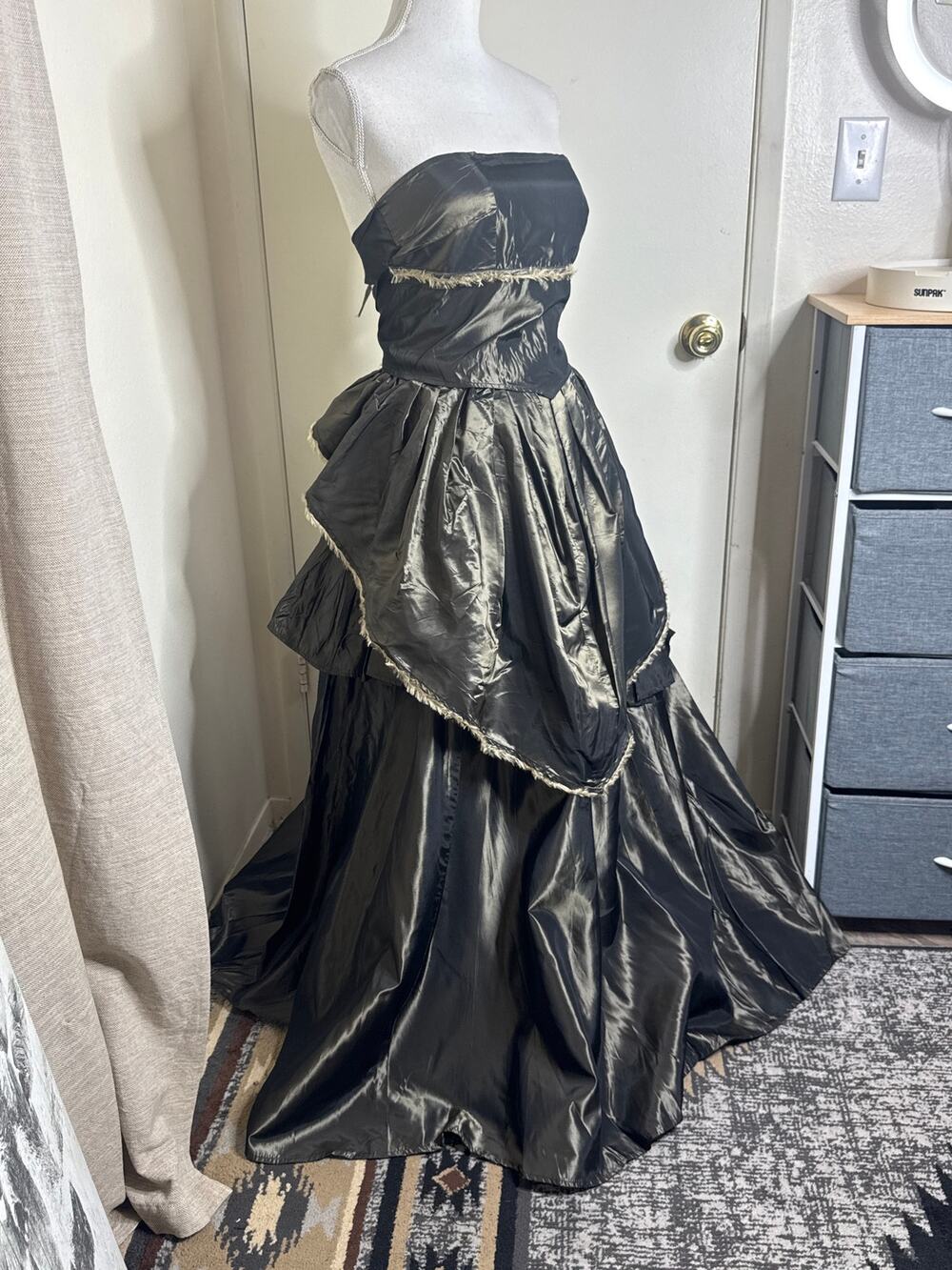 Rare VTG 80s 2-Piece Metallic Gunmetal Gown Set Strapless-Tiered Draped Bustle